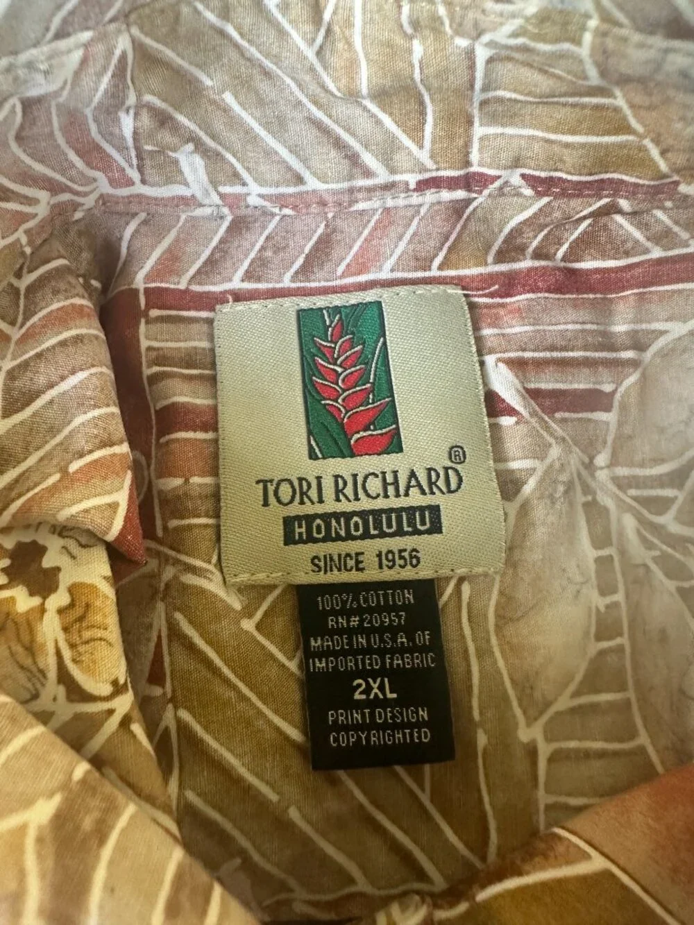 Tori Richard Men's Red Brown Floral Leaf Tiki Pattern Hawaiian Shirt Size 2XL